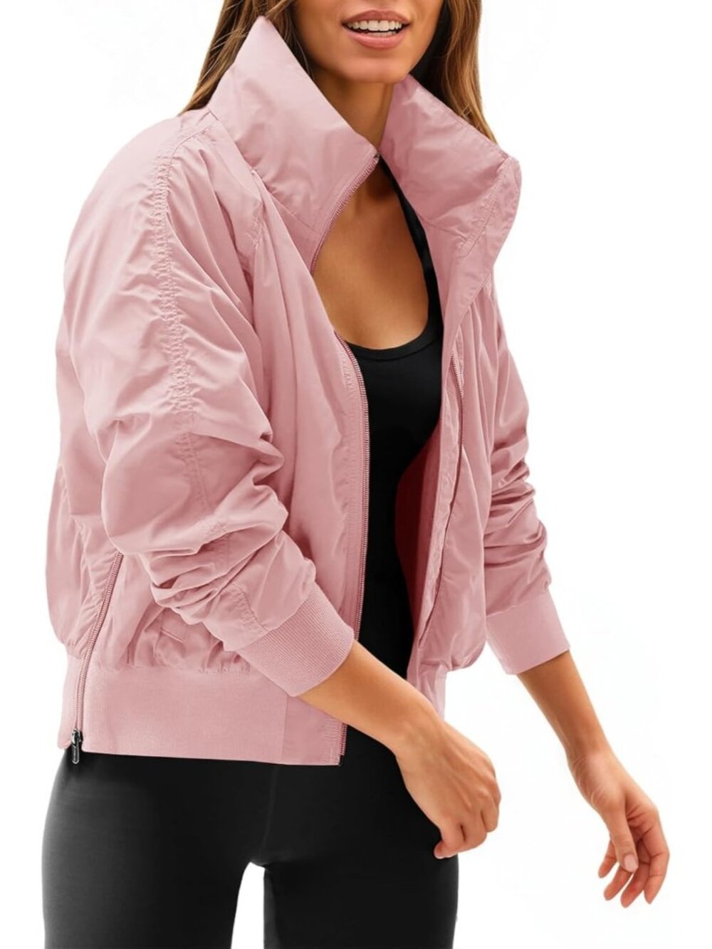 Women Pink Polyester Hidden Hooded Long Sleeve Zip Up Pocket Bomber Jacket